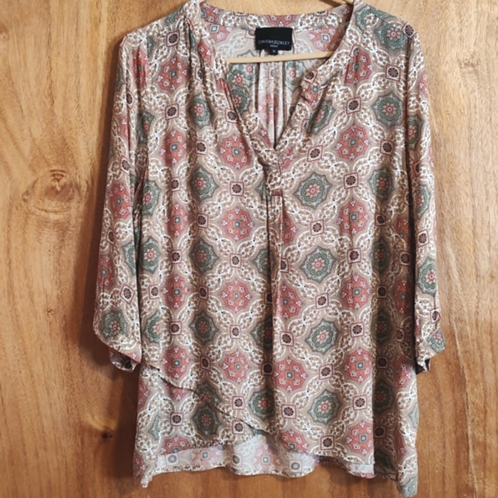 Cynthia Rowley Layered Popover Blouse Sage Green Coral Gold Rayon ¾-Sleeve 1X